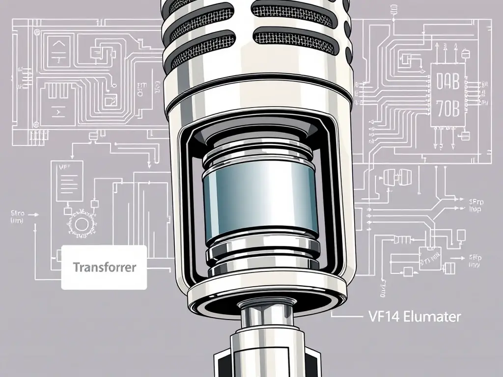 An image showcasing the internal components of the DB7F microphone, focusing on the Fortin-designed transformer and state-of-the-art VF14 emulator, set against a technical blueprint background.