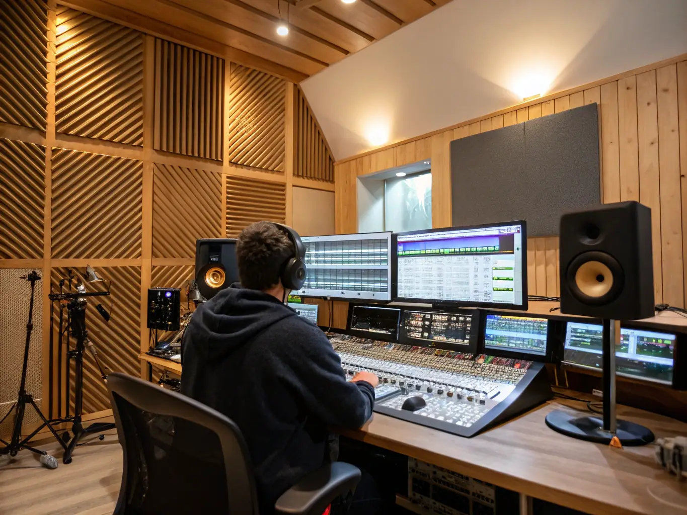 A photograph of a sound engineer in a professional studio setting, using the DB7F microphone to record a vocalist, with a focus on the engineer's expression of satisfaction and the studio's acoustic treatment.